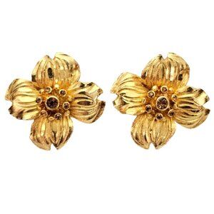 Hobe Gold Tone Topaz Yellow Rhinestone Dog Wood Flower Clip On Earrings C651